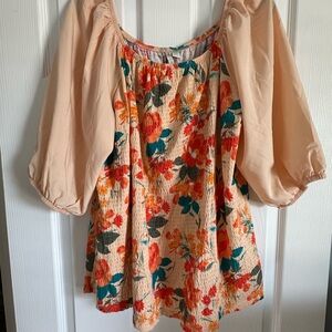 Cato Peach Floral Puff Sleeve Blouse